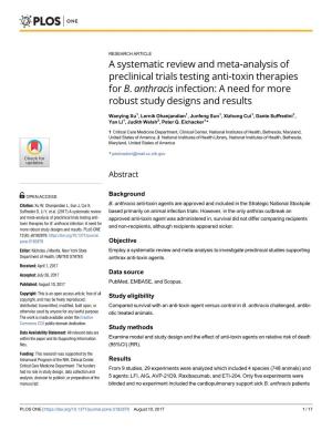 A Systematic Review and Meta-Analysis of Preclinical Trials Testing Anti-Toxin Therapies for B. Anthracis Infection: a Need for More Robust Study Designs and Results