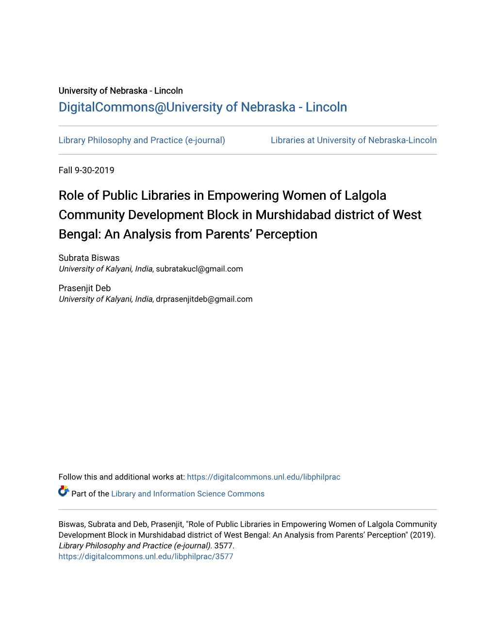 Role of Public Libraries in Empowering Women of Lalgola Community Development Block in Murshidabad District of West Bengal: an Analysis from Parents’ Perception