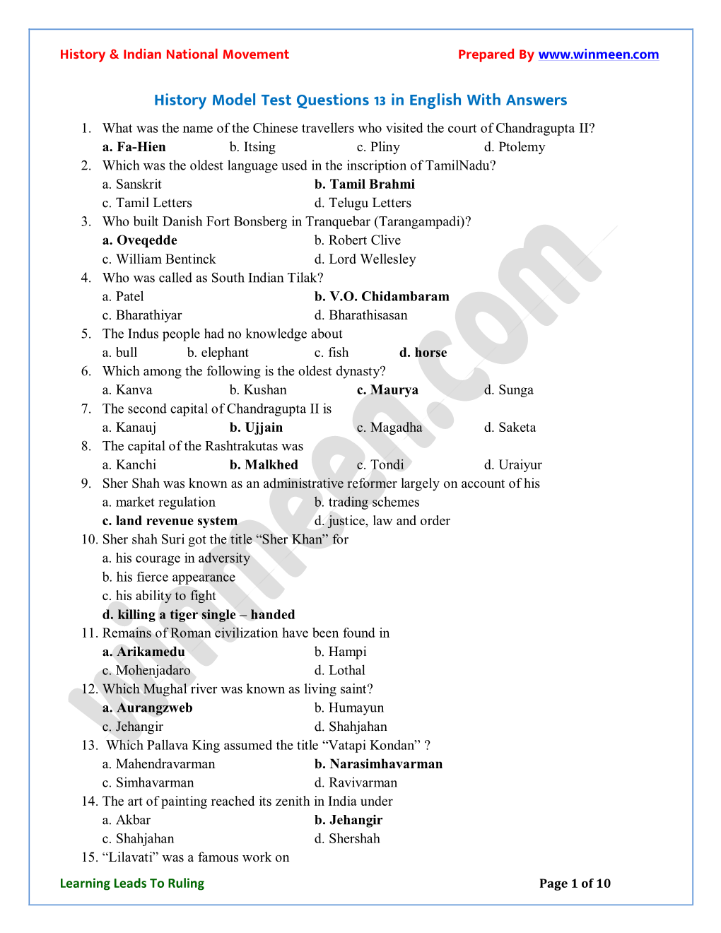 History Model Test Questions 13 in English with Answers 1