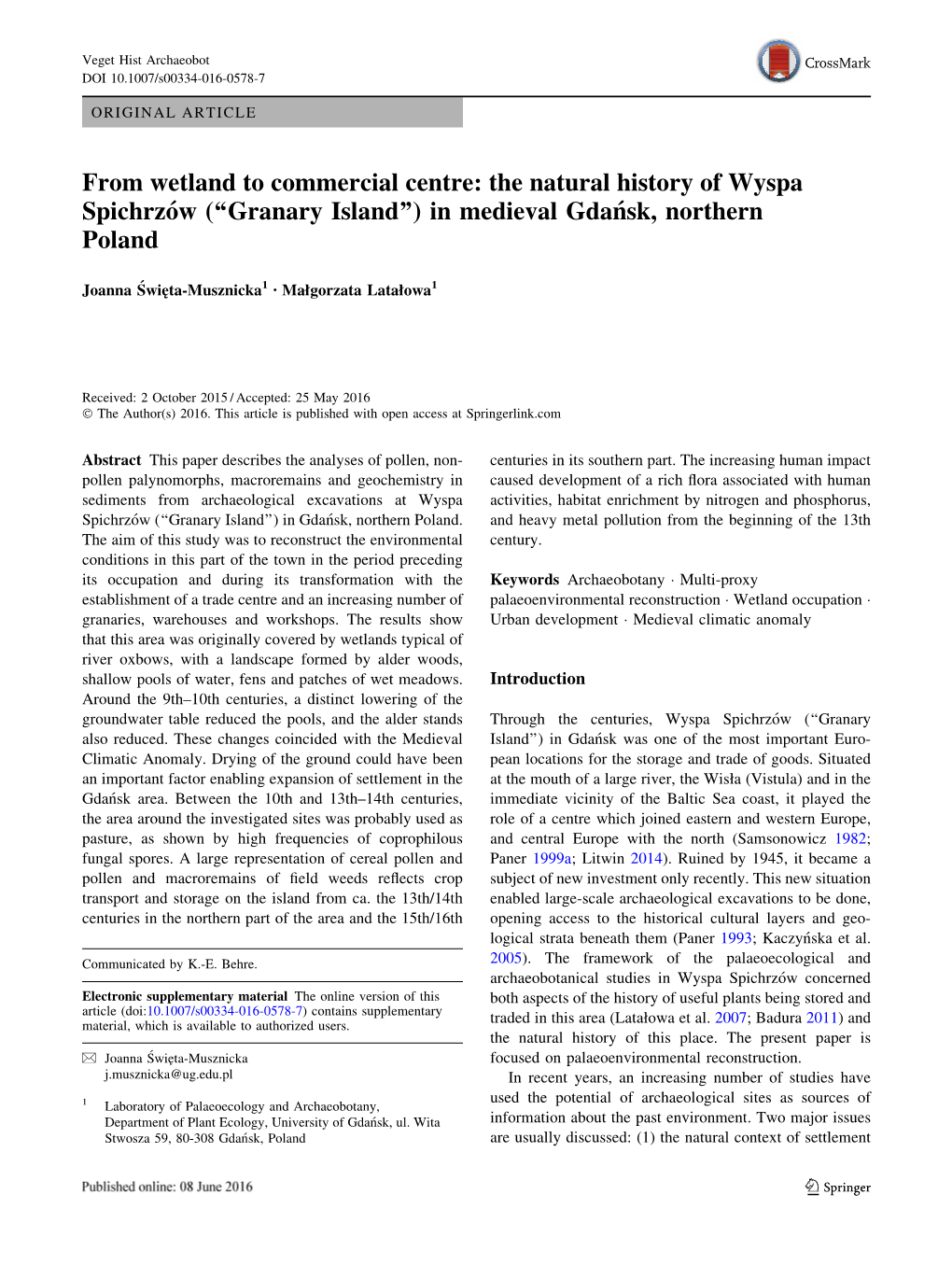 From Wetland to Commercial Centre: the Natural History of Wyspa Spichrzo´W (‘‘Granary Island’’) in Medieval Gdan´Sk, Northern Poland