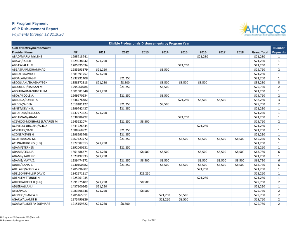 PI Program Payment Epip Disbursement Report Payments Through 12.31.2020