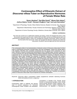 Contraceptive Effect of Ethanolic Extract of Dioscorea Villosa Tuber on Reproductive Hormones of Female Wistar Rats
