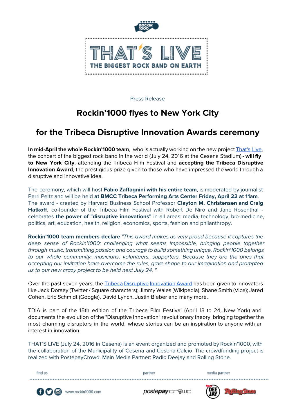 Rockin'1000 Flyes to New York City for the Tribeca Disruptive Innovation