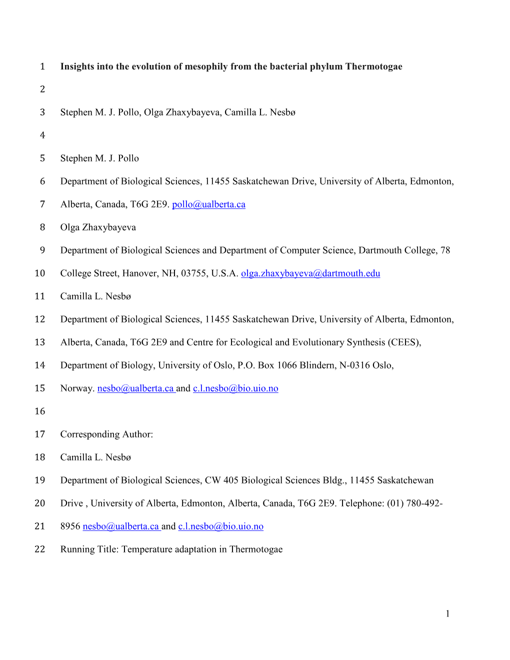 1 Insights Into the Evolution of Mesophily from the Bacterial Phylum Thermotogae