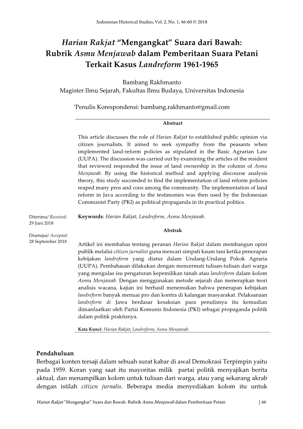 Harian Rakjat “Mengangkat” Suara Dari Bawah: Rubrik Asmu Menjawab Dalam Pemberitaan Suara Petani Terkait Kasus Landreform 1961-1965