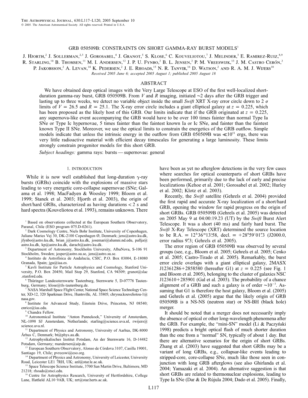 L117 Grb 050509B: Constraints on Short Gamma-Ray Burst