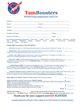 Tamboosters Membership Application 2015/16