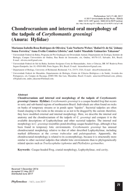 Chondrocranium and Internal Oral Morphology of the Tadpole of Corythomantis Greeningi (Anura: Hylidae)