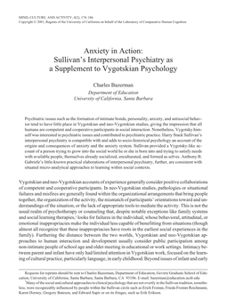 Anxiety in Action: Sullivan's Interpersonal Psychiatry As A