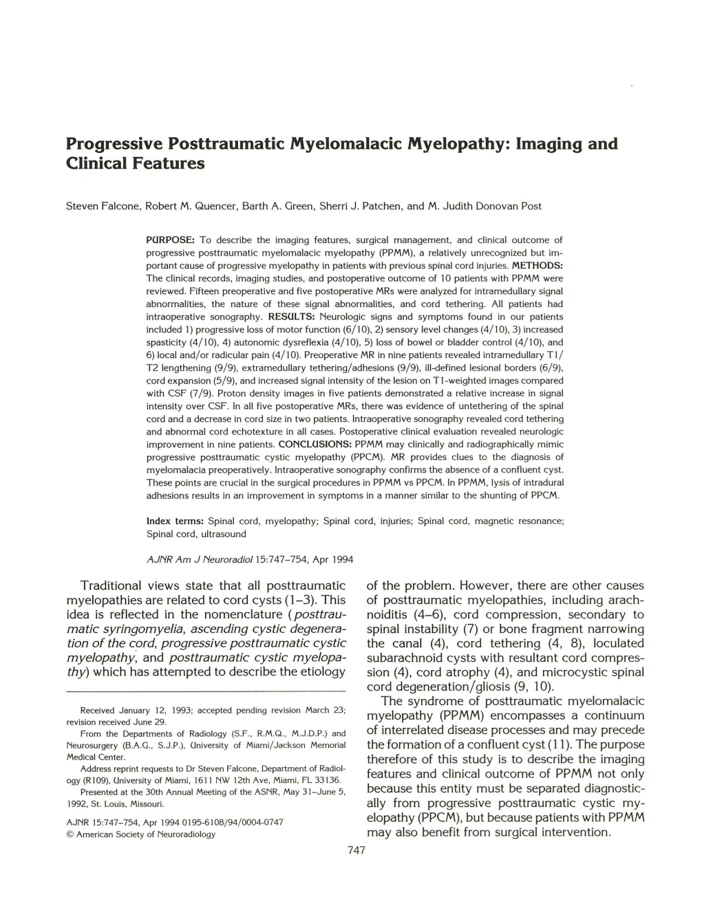 Progressive Posttraumatic Myelomalacic Myelopathy: Imaging and Clinical Features