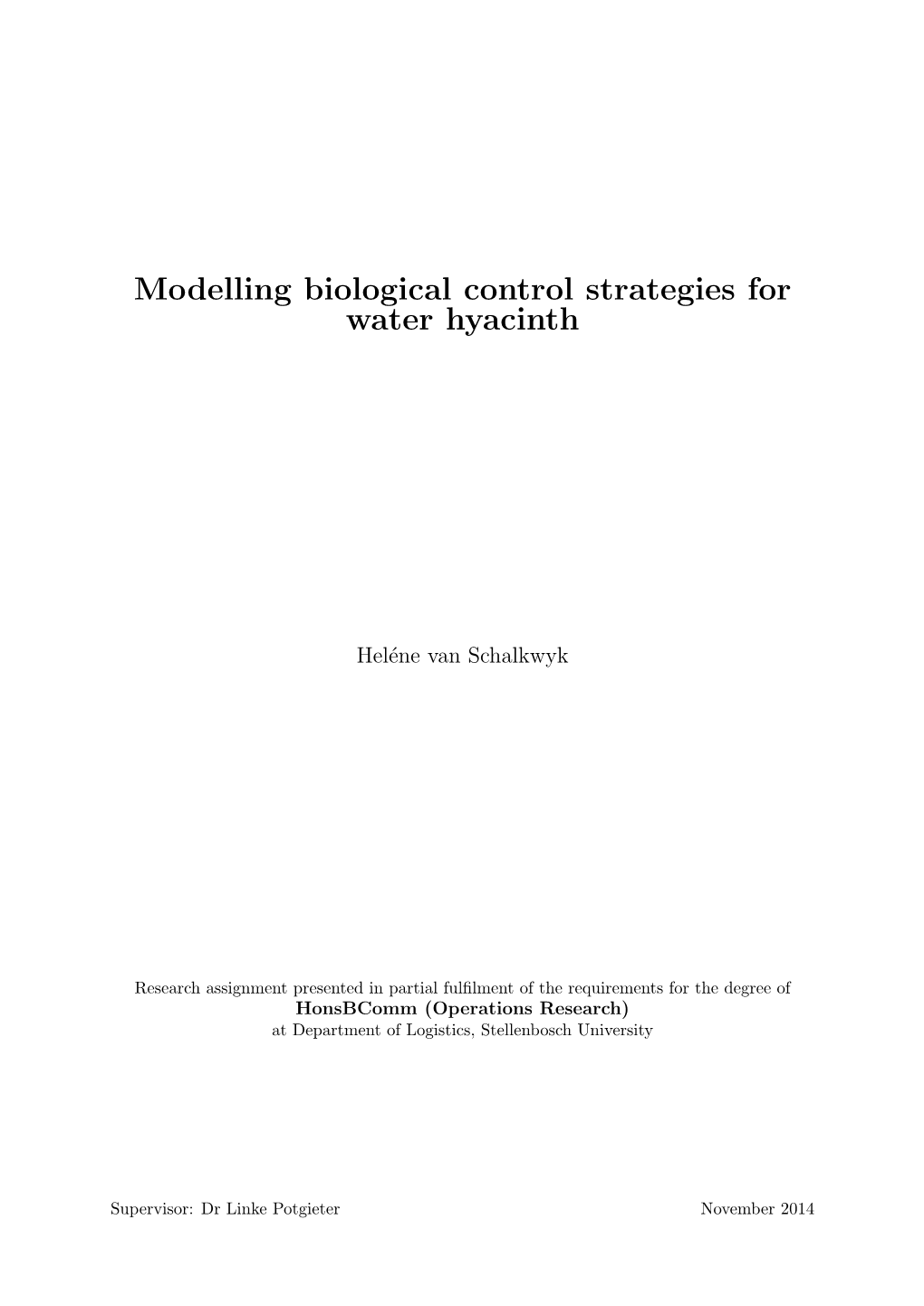 Modelling Biological Control Strategies for Water Hyacinth