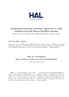 Leishmania Tarentolae Molecular Signatures in a 300 Hundred-Years-Old Human Brazilian Mummy Shˆeniapc Novo, Daniela Leles, Raﬀaella Bianucci, Adauto Araujo