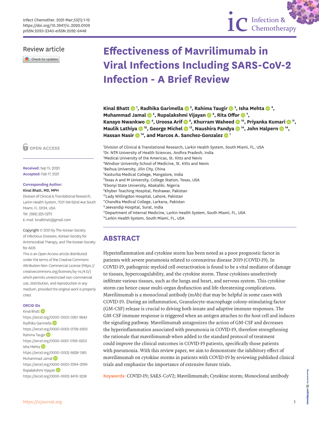 Effectiveness of Mavrilimumab in Viral Infections Including SARS-Cov-2 Infection - a Brief Review