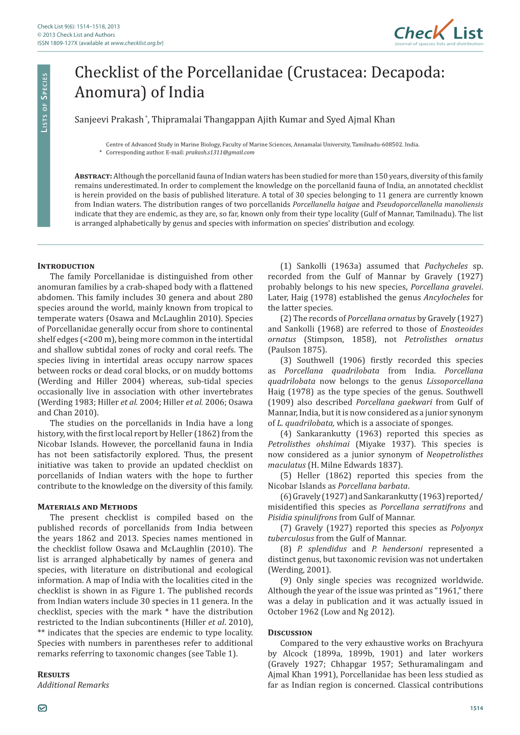 Checklist of the Porcellanidae (Crustacea: Decapoda: Anomura) of India