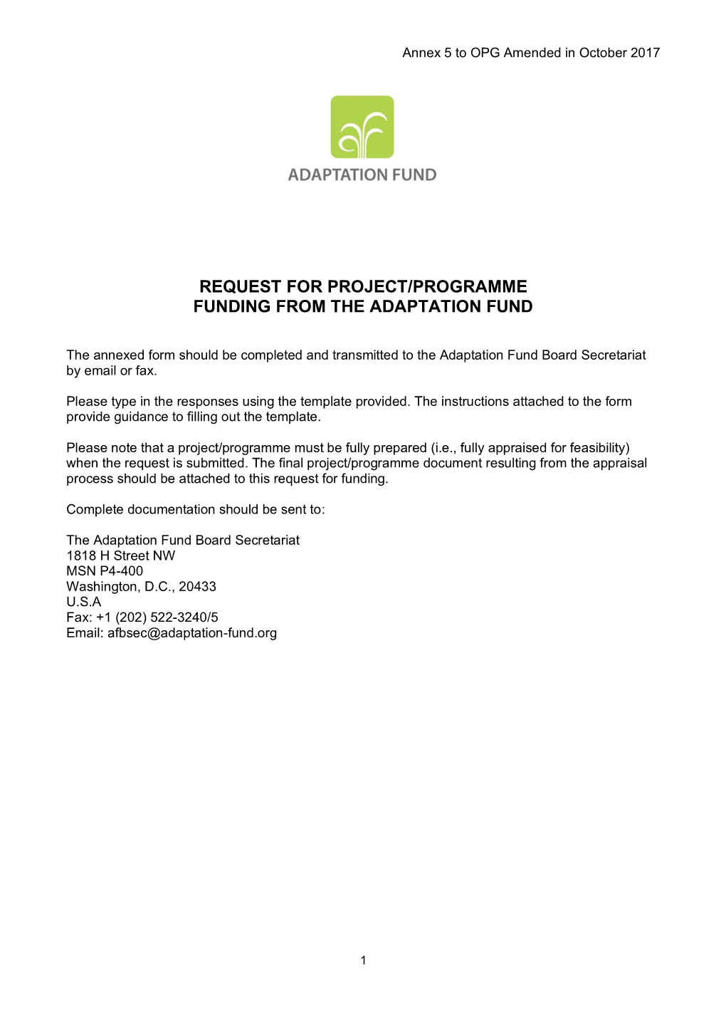 Request for Project/Programme Funding from the Adaptation Fund