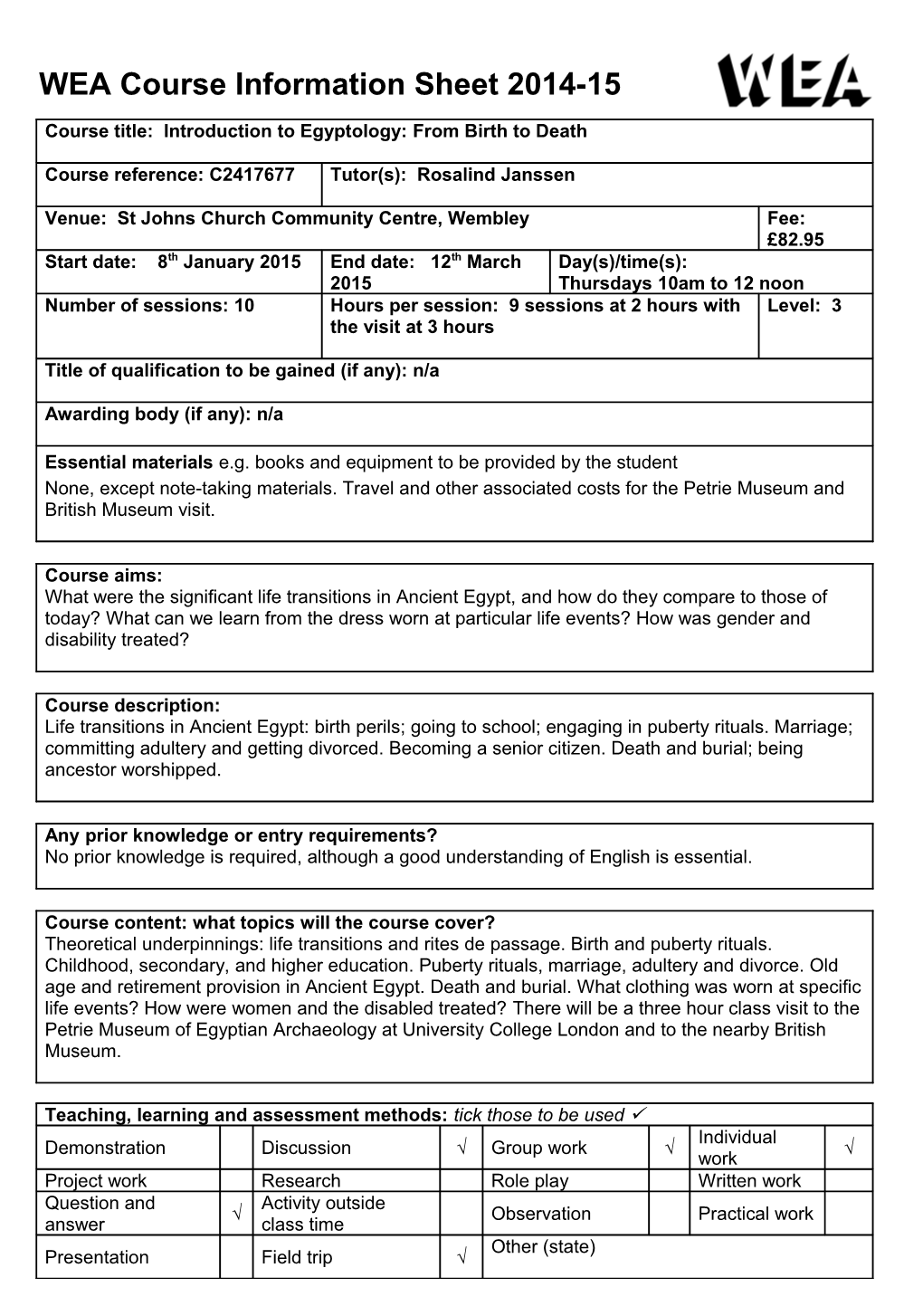 WEA Course Information Sheet 2014-15 s2