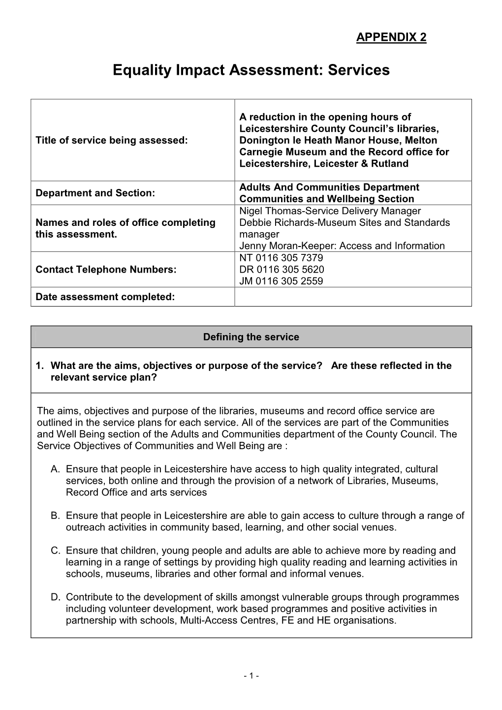 Equality Impact Assessment: Services