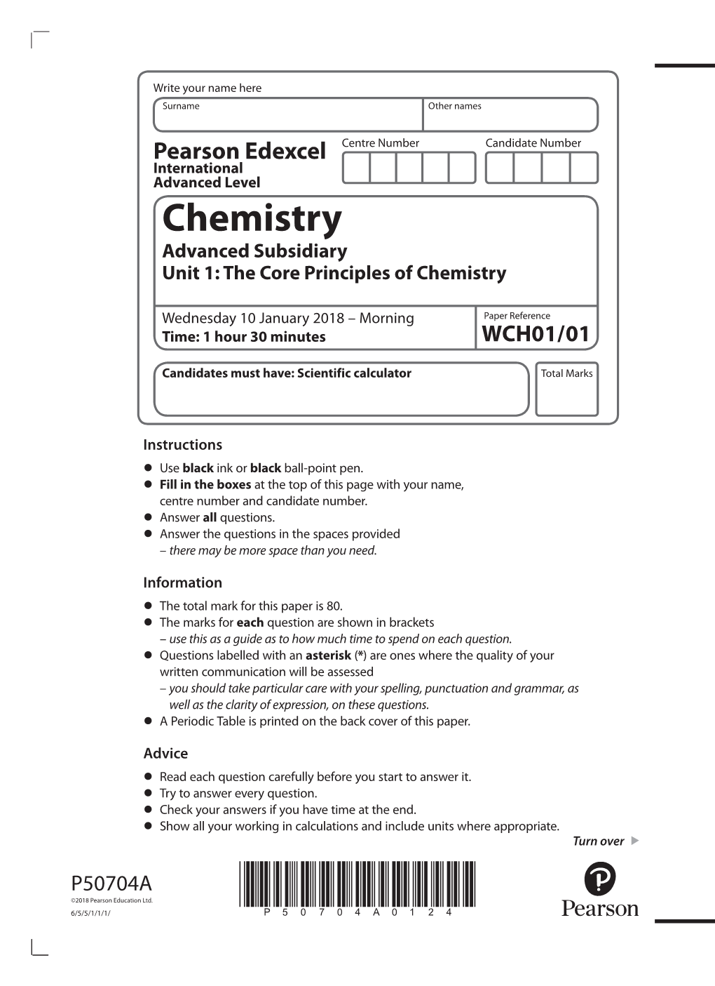 Chemistry Advanced Subsidiary Unit 1: the Core Principles of Chemistry