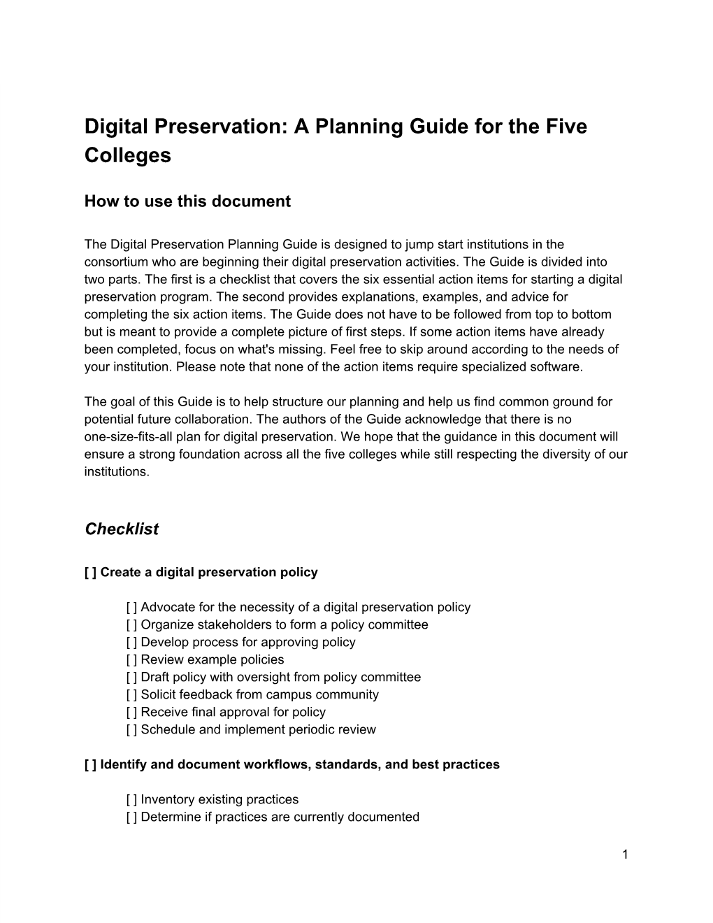 Digital Preservation: a Planning Guide for the Five Colleges