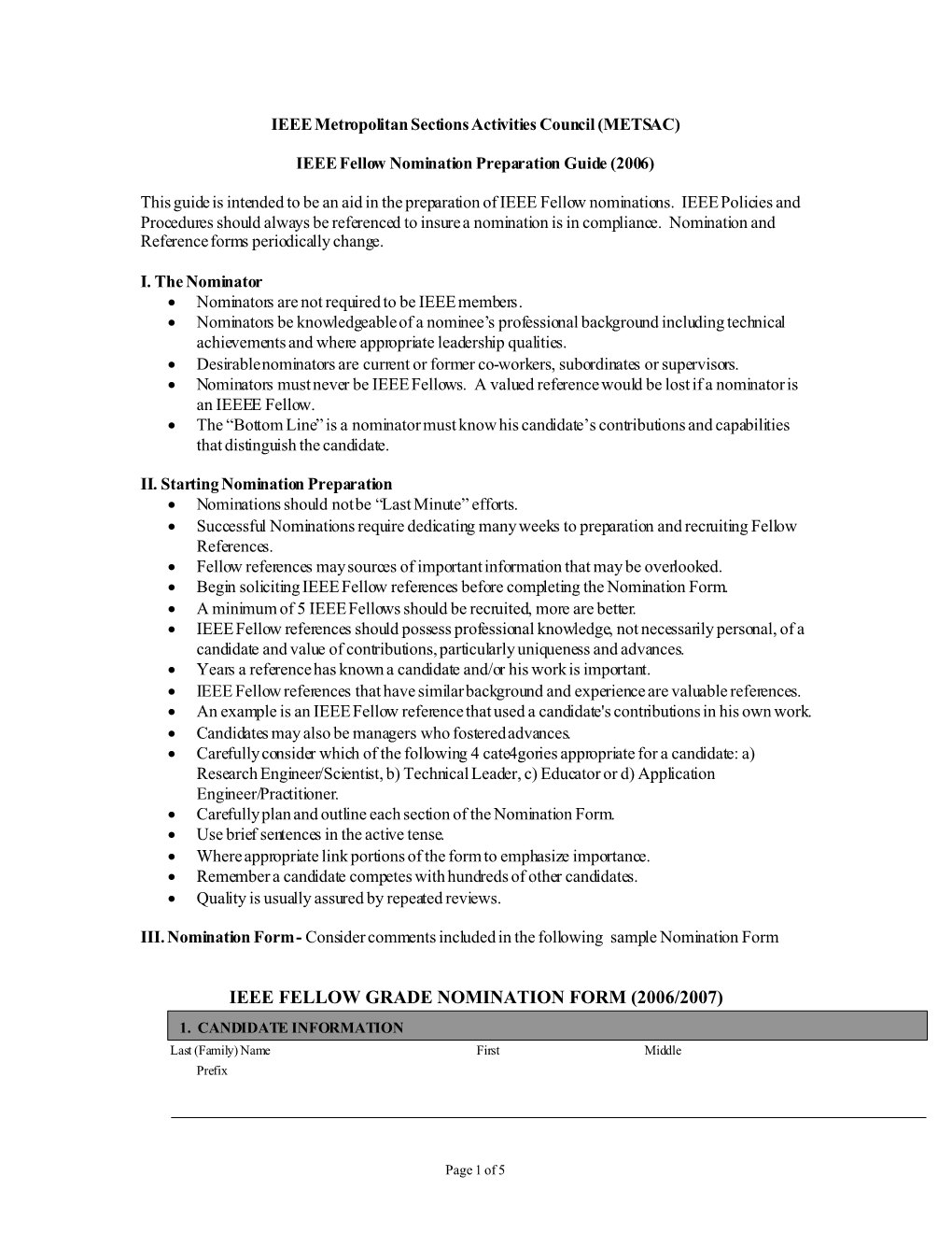 Ieee Fellow Grade Nomination Form (2006/2007)