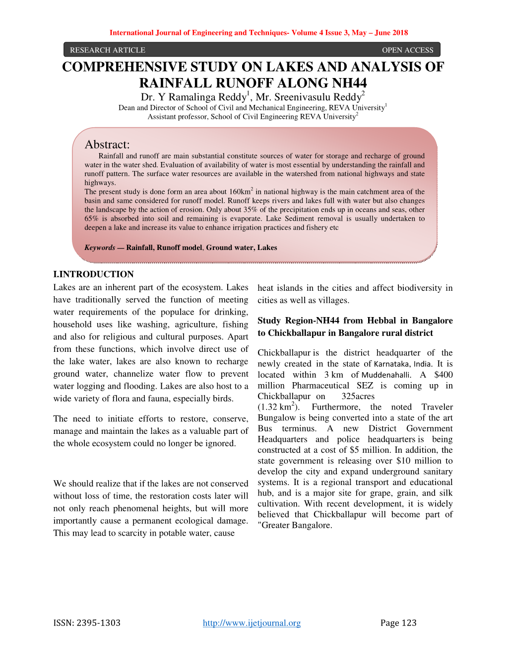 COMPREHENSIVE STUDY on LAKES and ANALYSIS of RAINFALL RUNOFF ALONG NH44 Dr