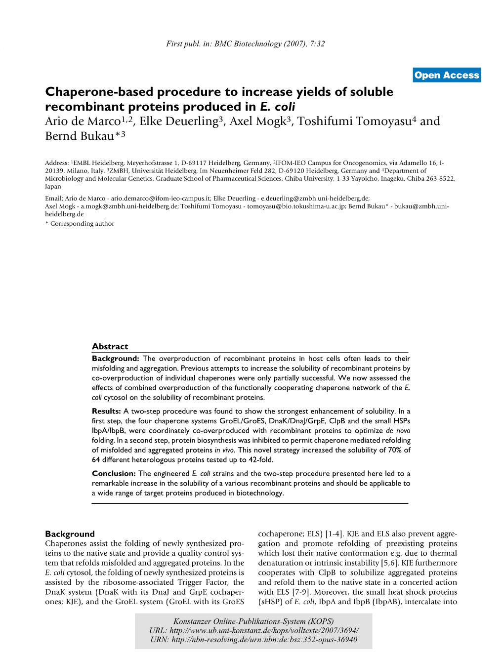 Chaperone-Based Procedure to Increase Yields of Soluble Recombinant Proteins Produced in E. Coli