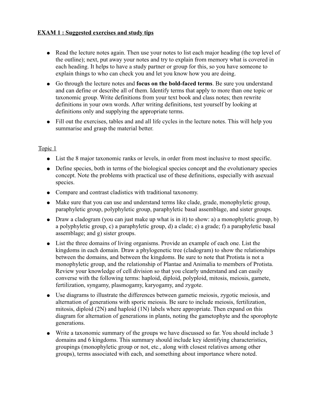 EXAM 1 : Suggested Exercises and Study Tips Read the Lecture Notes Again. Then Use Your Notes to List Each Major Heading