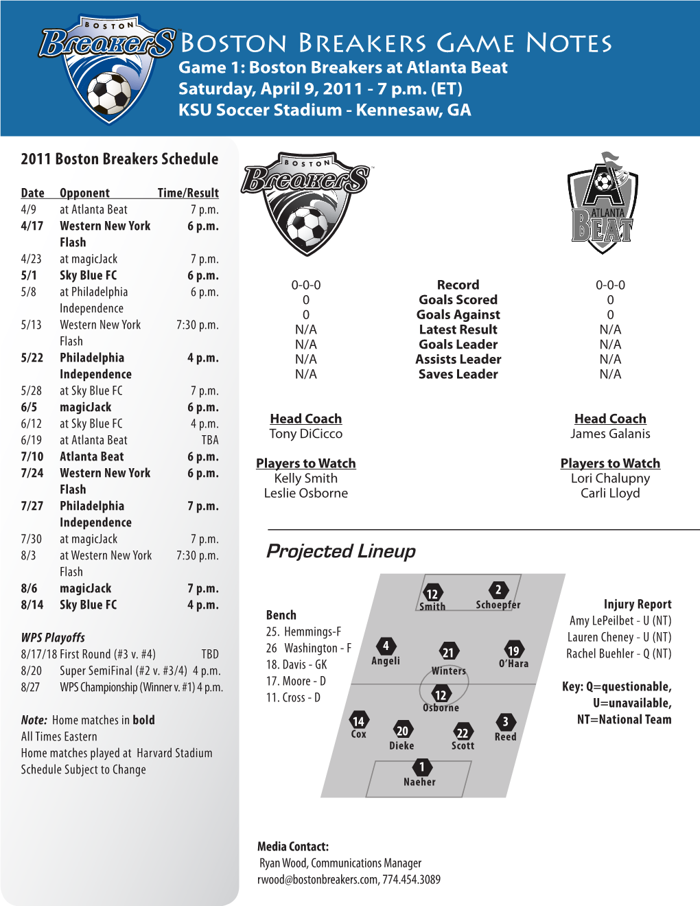 Boston Breakers Game Notes Game 1: Boston Breakers at Atlanta Beat Saturday, April 9, 2011 - 7 P.M