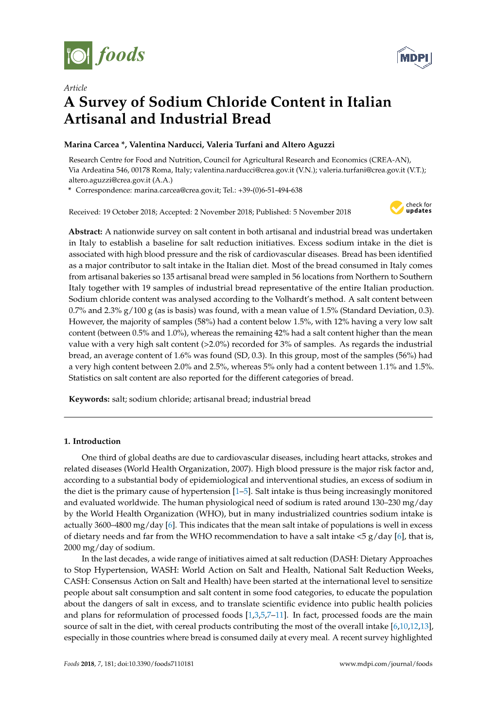 A Survey of Sodium Chloride Content in Italian Artisanal and Industrial Bread