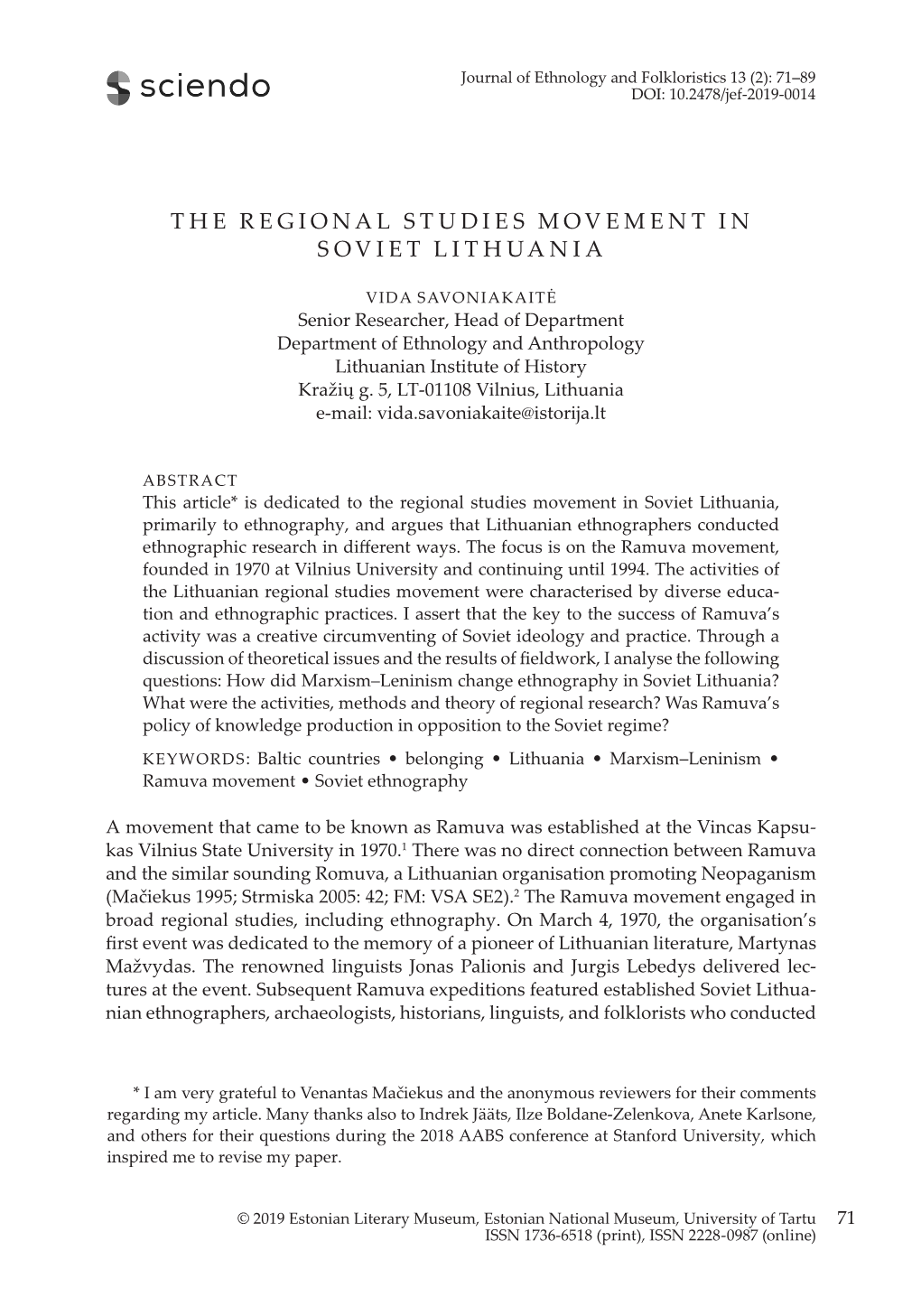 The Regional Studies Movement in Soviet Lithuania