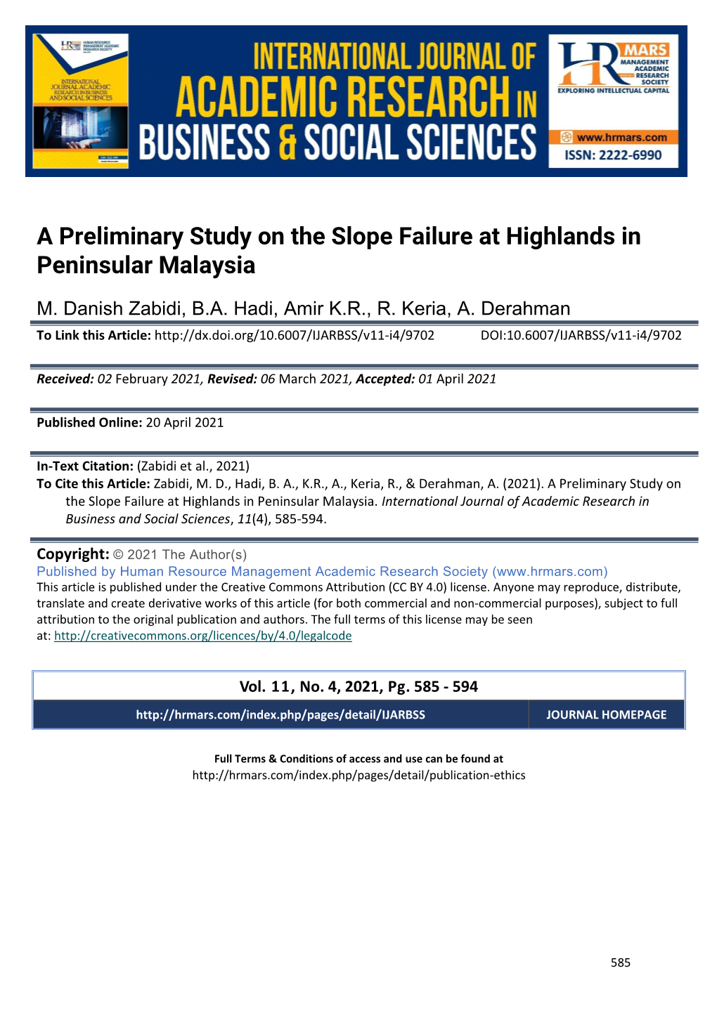 A Preliminary Study on the Slope Failure at Highlands in Peninsular Malaysia