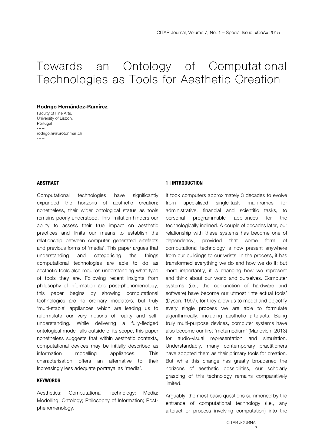 Towards an Ontology of Computational Technologies As Tools for Aesthetic Creation