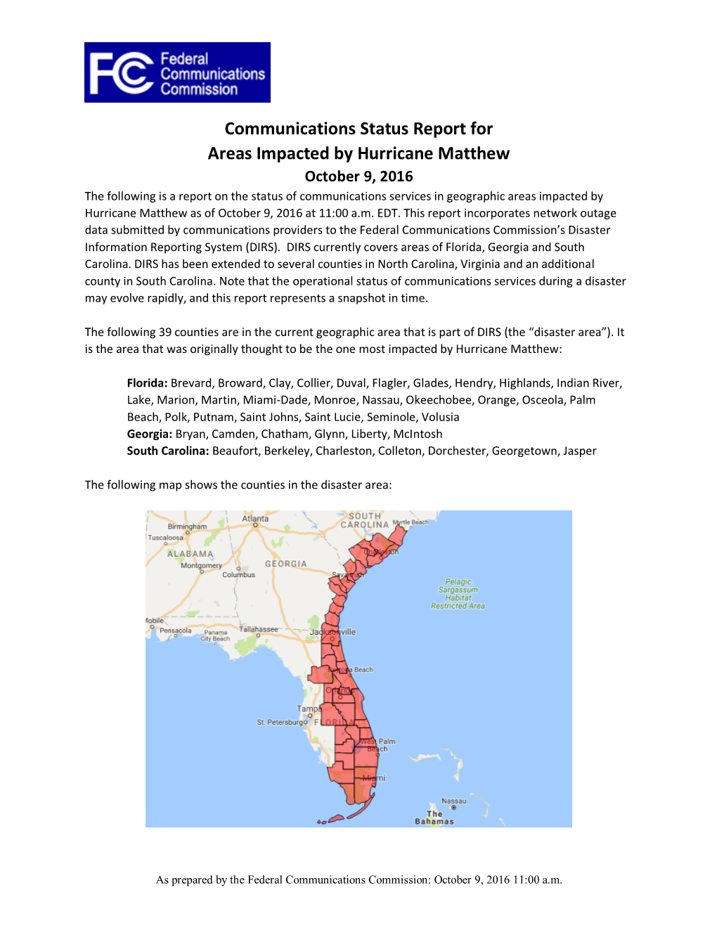 Communications Status Report for Areas Impacted by Hurricane