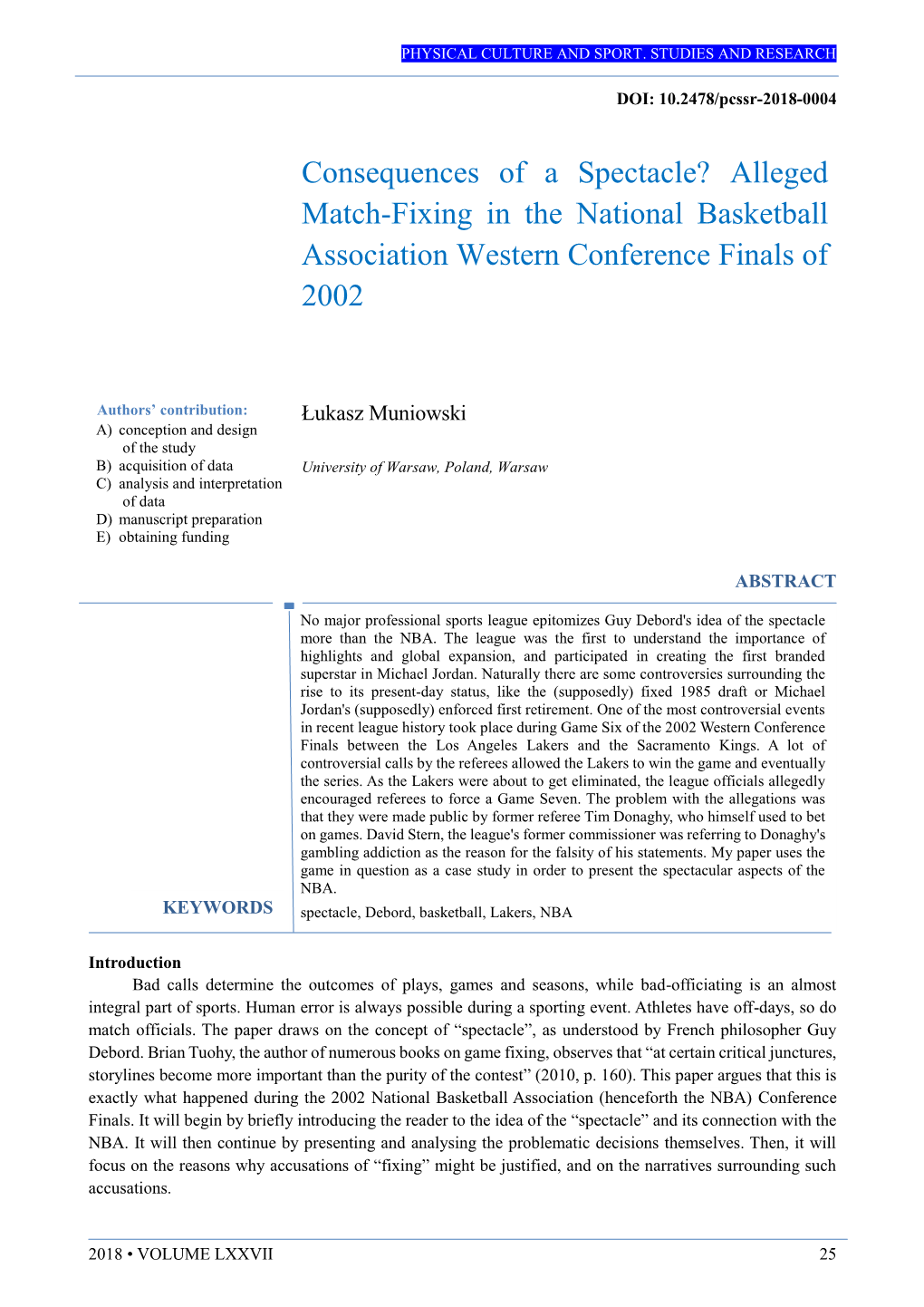 Consequences of a Spectacle? Alleged Match-Fixing in the National Basketball Association Western Conference Finals of 2002