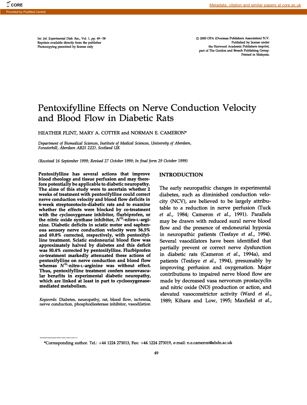 Pentoxifylline Effects on Nerve Conduction Velocity and Blood Flow in Diabetic Rats