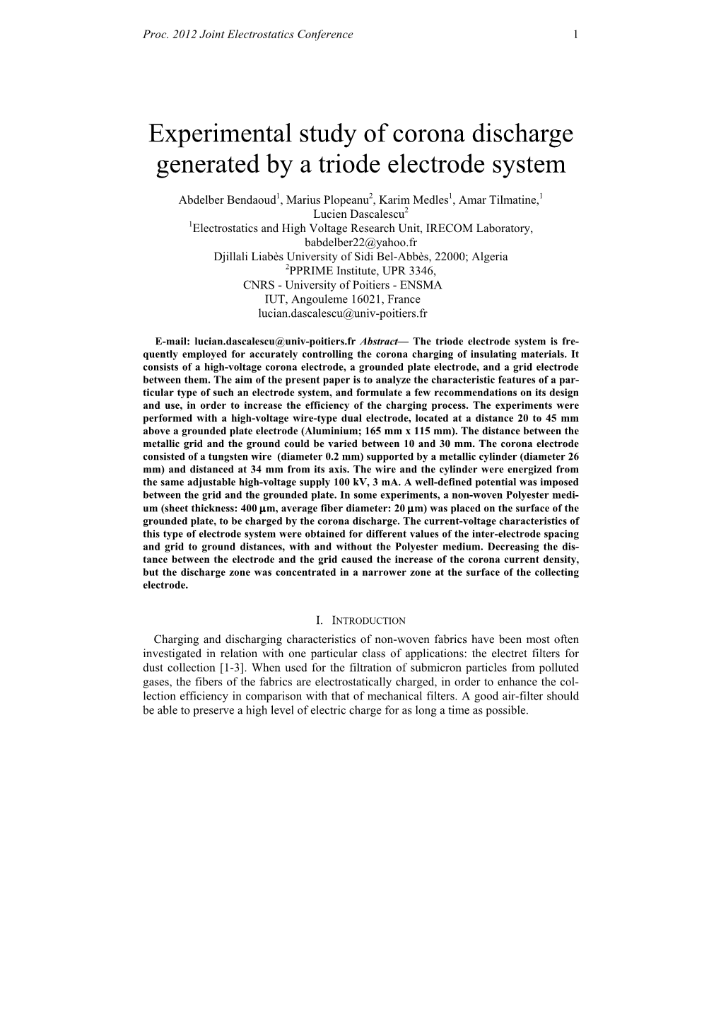 Experimental Study of Corona Discharge Generated by a Triode Electrode System