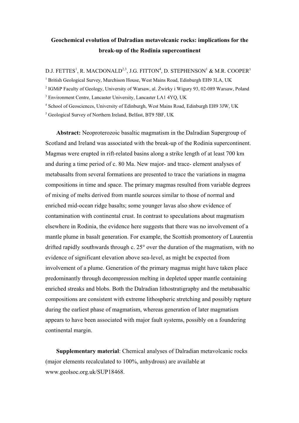 Geochemical Evolution of Dalradian Metavolcanic Rocks: Implications for the Break-Up of the Rodinia Supercontinent