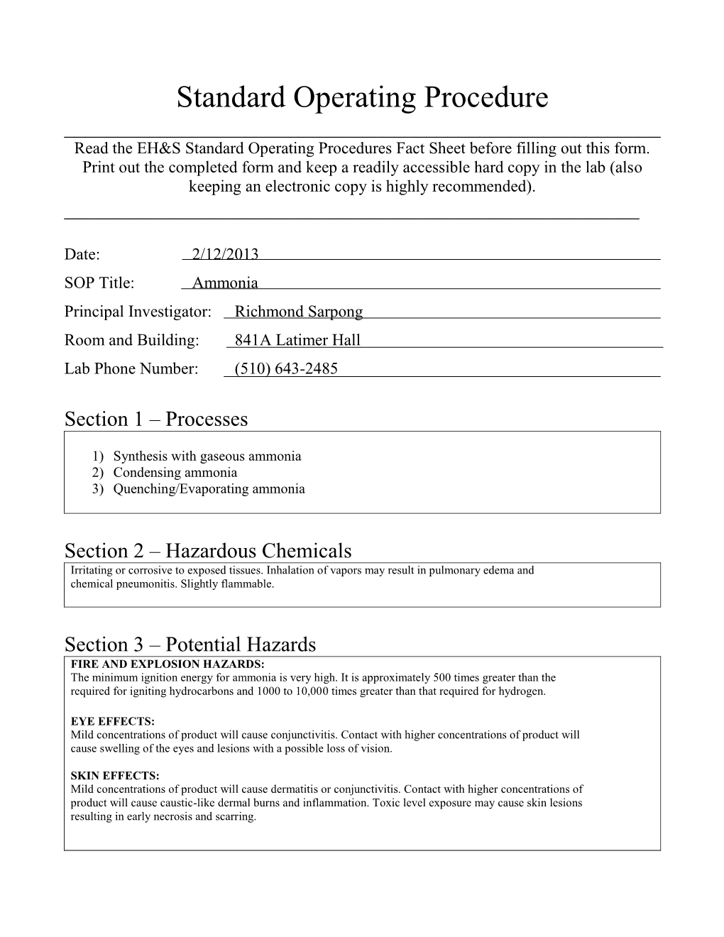 Standard Operating Procedures Fact Sheet Before Filling out This Form