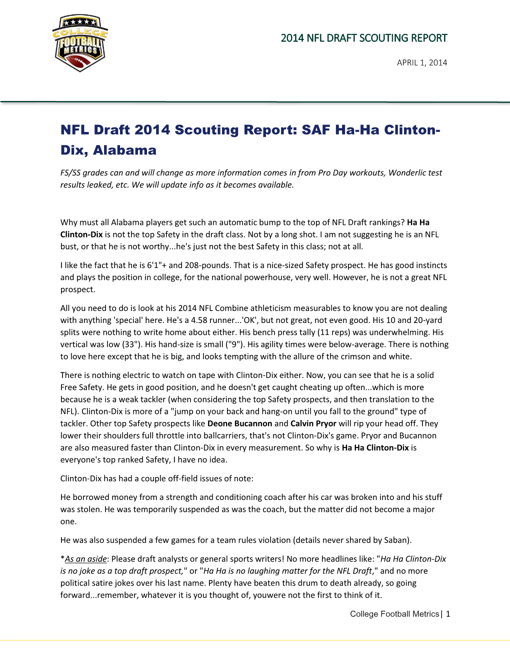 NFL Draft 2014 Scouting Report: SAF Ha-Ha Clinton- Dix, Alabama
