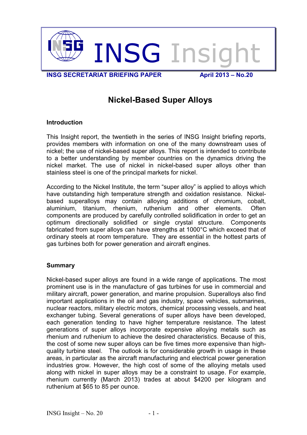 INSG Insight INSG SECRETARIAT BRIEFING PAPER April 2013 – No.20