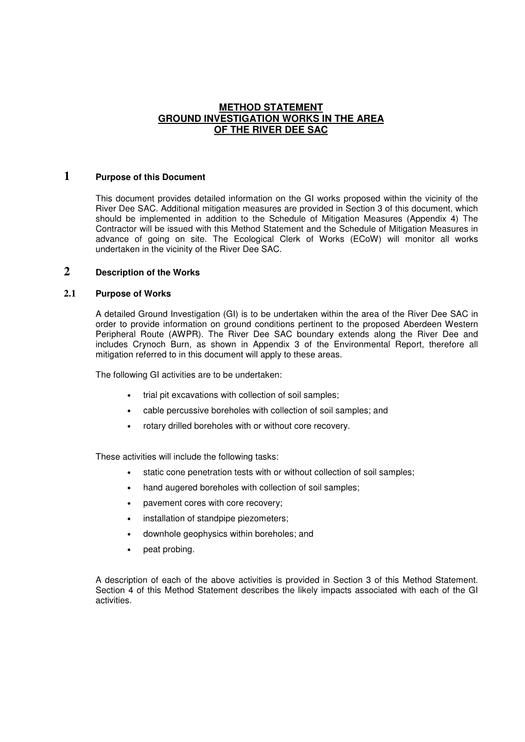 Method Statement Ground Investigation Works in the Area of the River Dee Sac