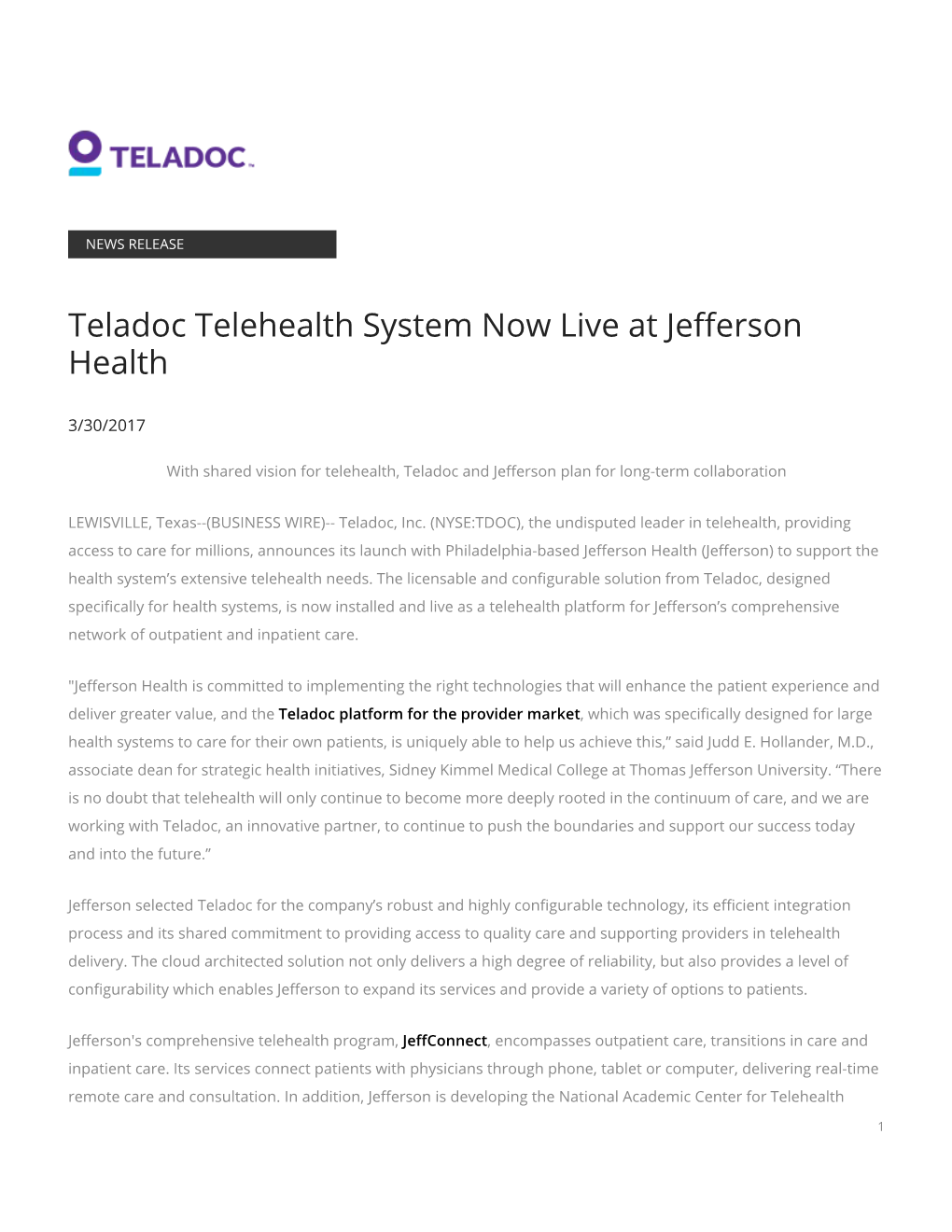 Teladoc Telehealth System Now Live at Jefferson Health