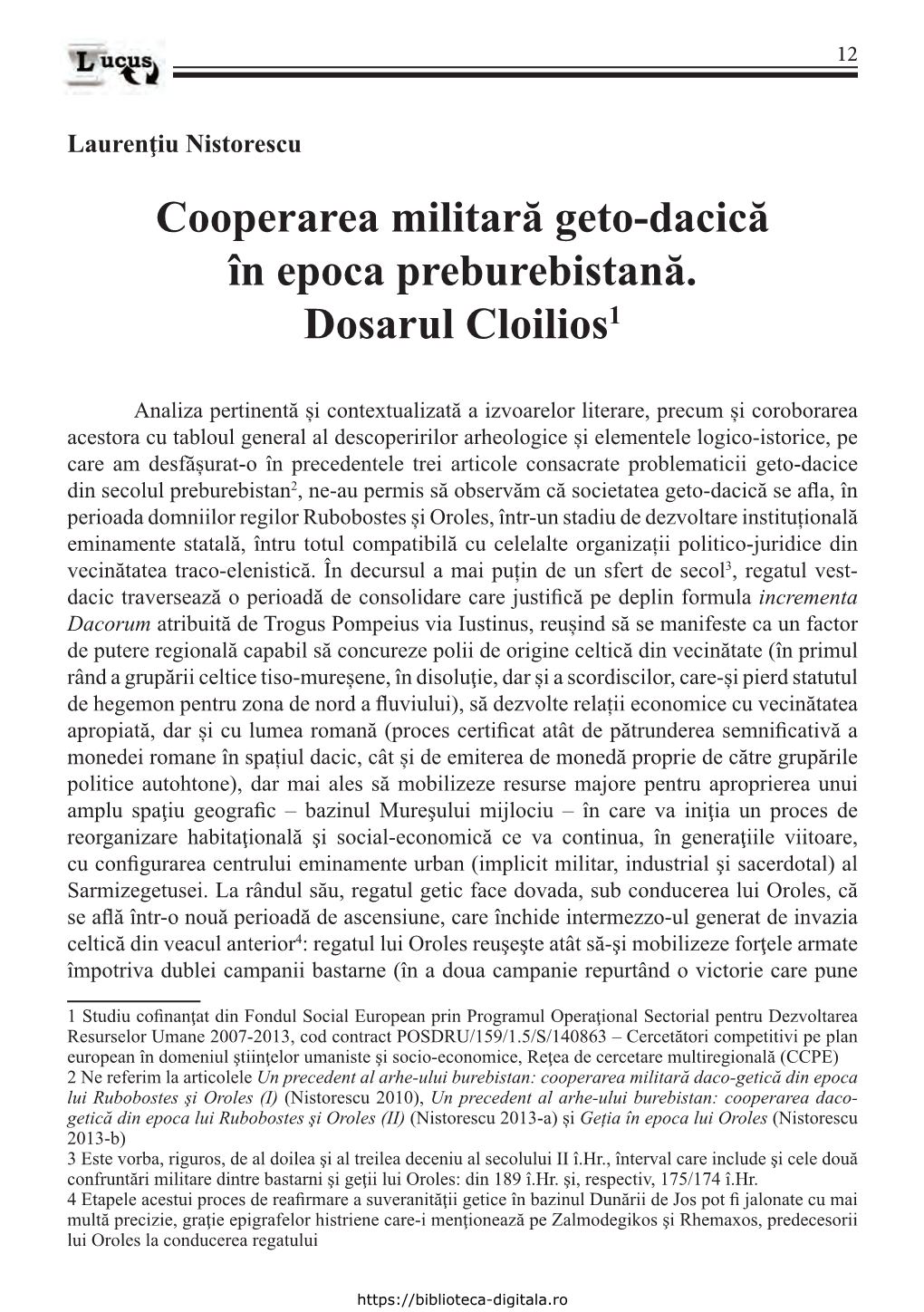 Cooperarea Militară Geto-Dacică În Epoca Preburebistană. Dosarul Cloilios1