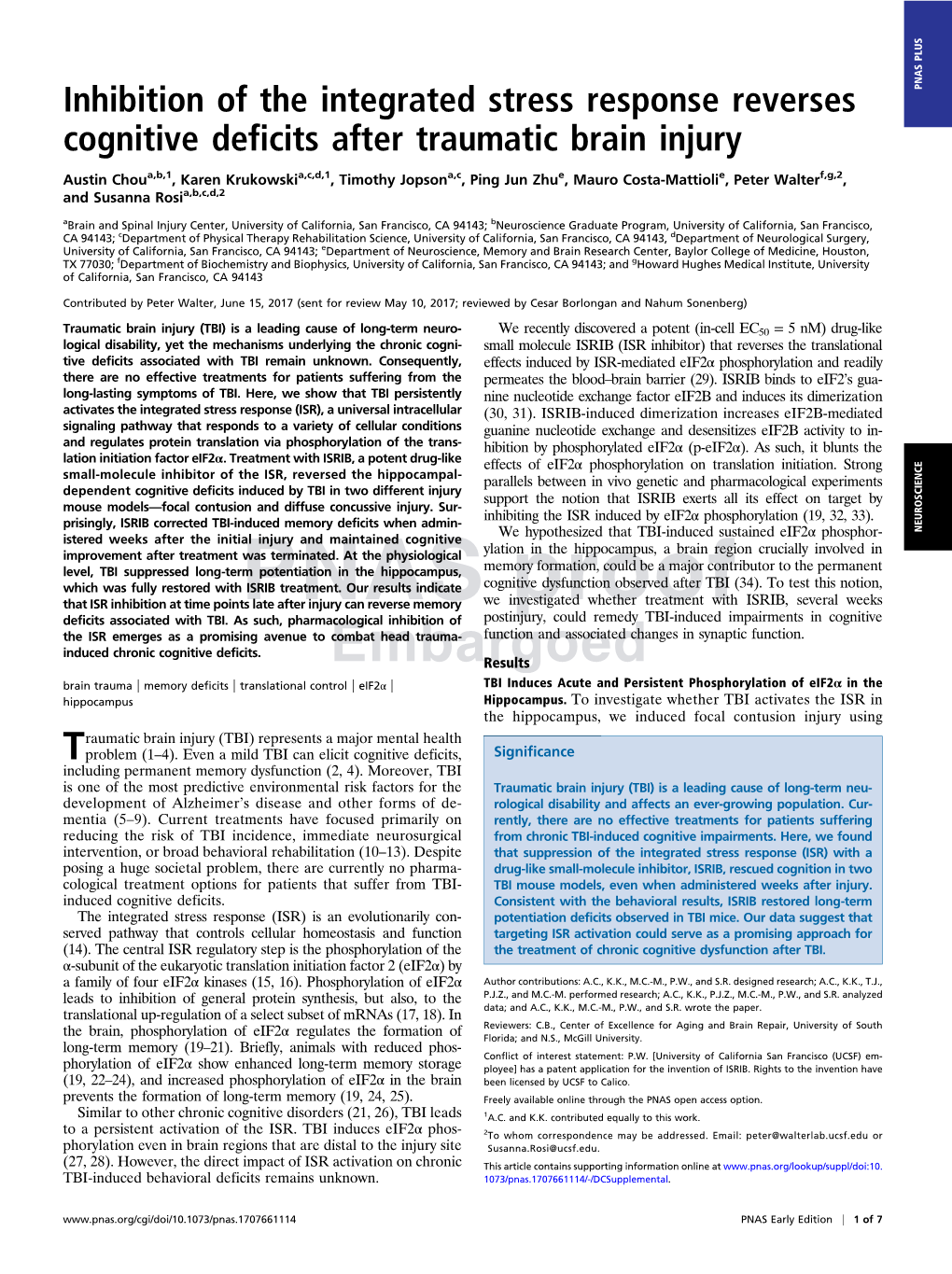 Inhibition of the Integrated Stress Response Reverses PNAS PLUS Cognitive Deficits After Traumatic Brain Injury