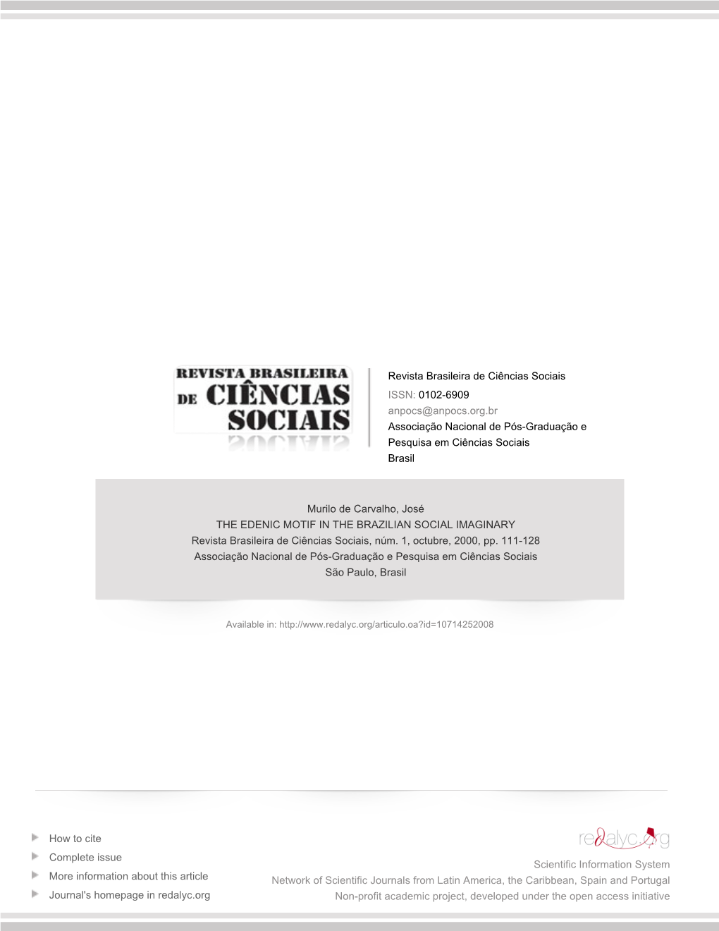 THE EDENIC MOTIF in the BRAZILIAN SOCIAL IMAGINARY Revista Brasileira De Ciências Sociais, Núm