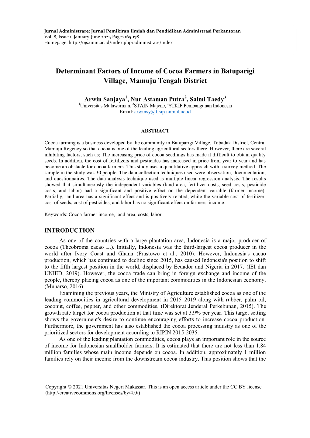 Determinant Factors of Income of Cocoa Farmers in Batuparigi Village, Mamuju Tengah District