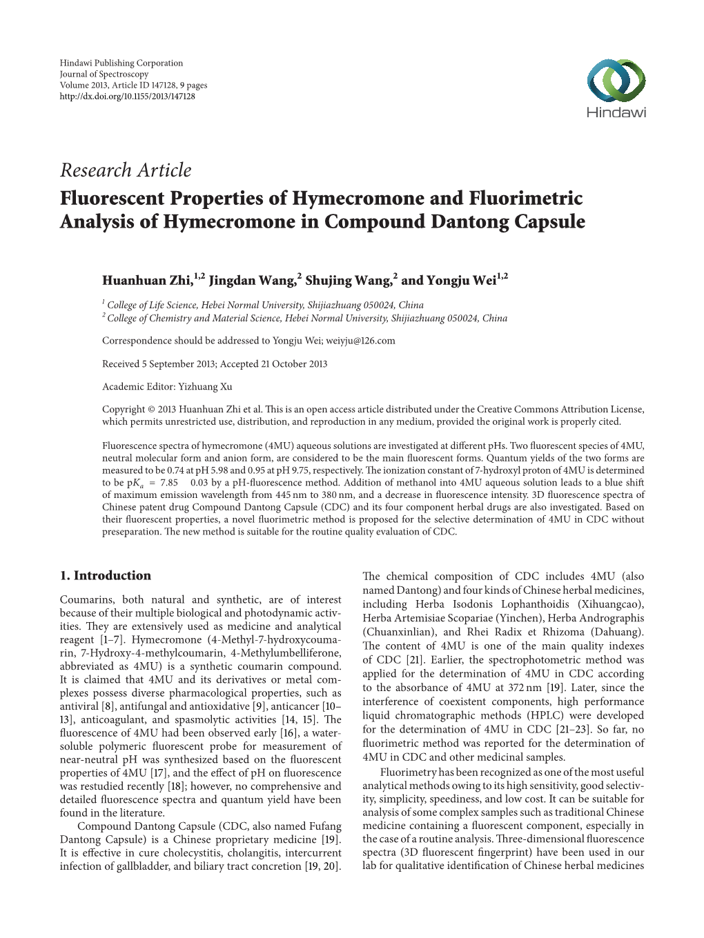 Fluorescent Properties of Hymecromone and Fluorimetric Analysis of Hymecromone in Compound Dantong Capsule