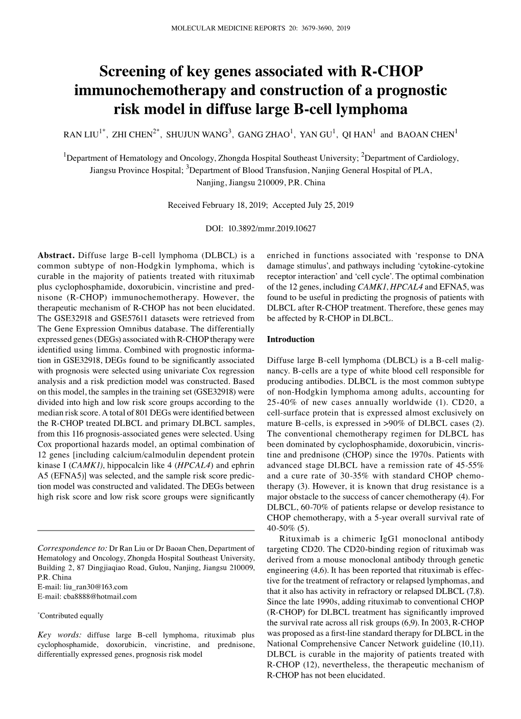 Screening of Key Genes Associated with R‑CHOP Immunochemotherapy and Construction of a Prognostic Risk Model in Diffuse Large B‑Cell Lymphoma