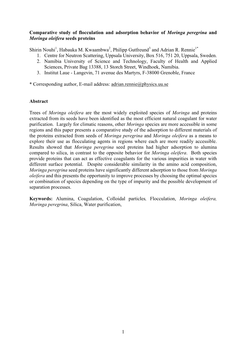 1 Comparative Study of Flocculation and Adsorption Behavior of Moringa