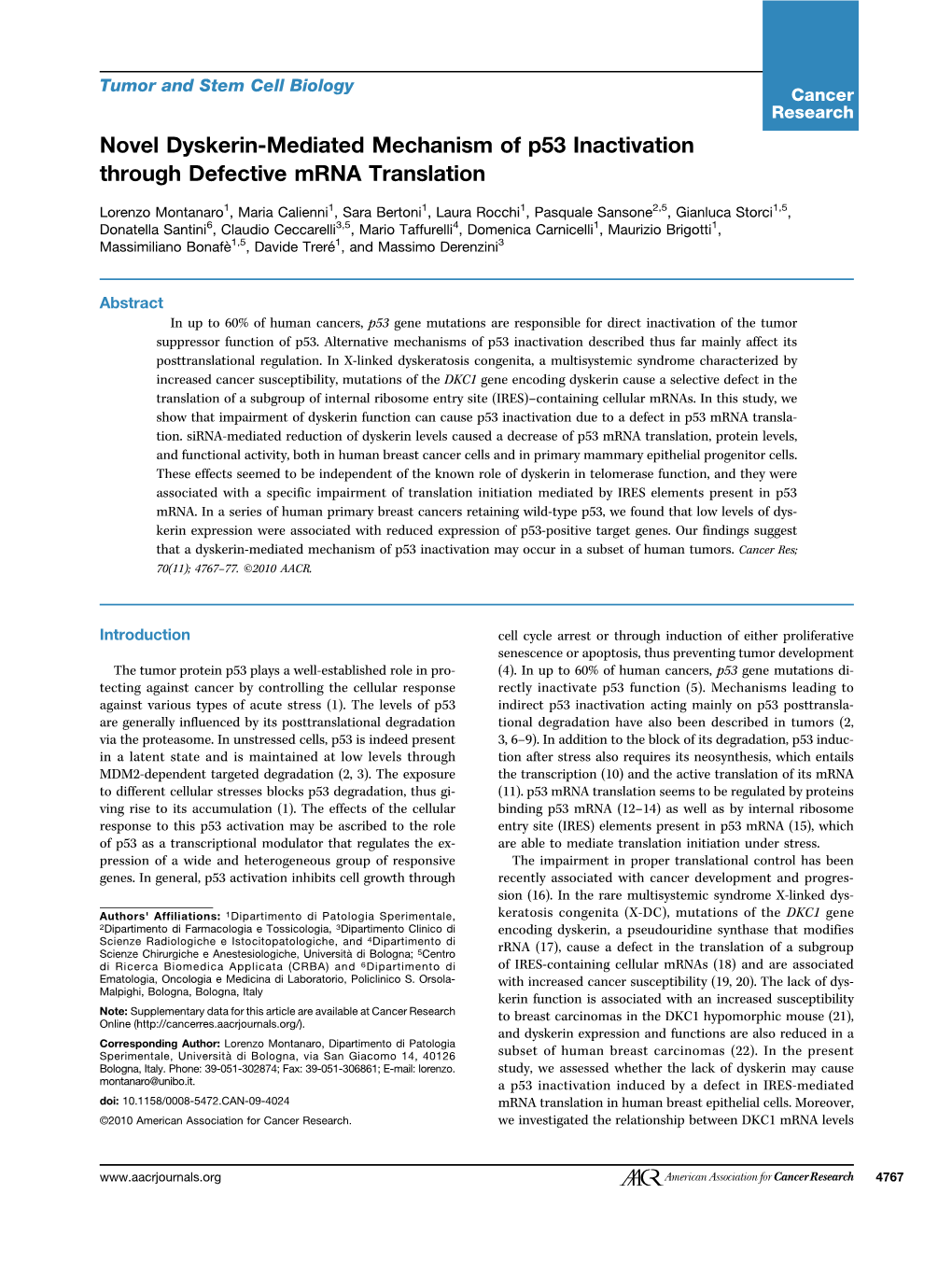Novel Dyskerin-Mediated Mechanism of P53 Inactivation Through Defective Mrna Translation